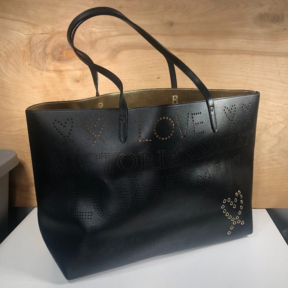 Victoria's Secret Love Large Faux Leather Open Tote All Black Shoulder Tote Bag
